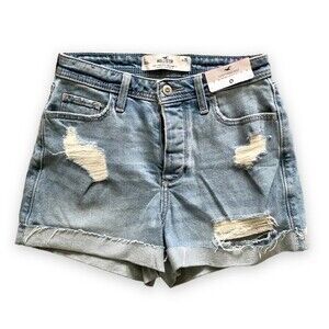 Hollister Curvy High Rise Mom Shorts 3" Distressed Light Wash Button Fly NWT 25